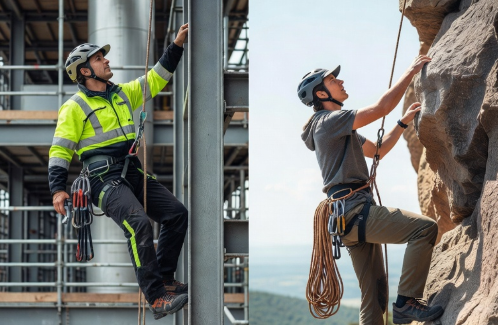 The gear, the environment, and the mindset couldn't be more different Industrial rope access technician on a structure vs recreational climber on rock face