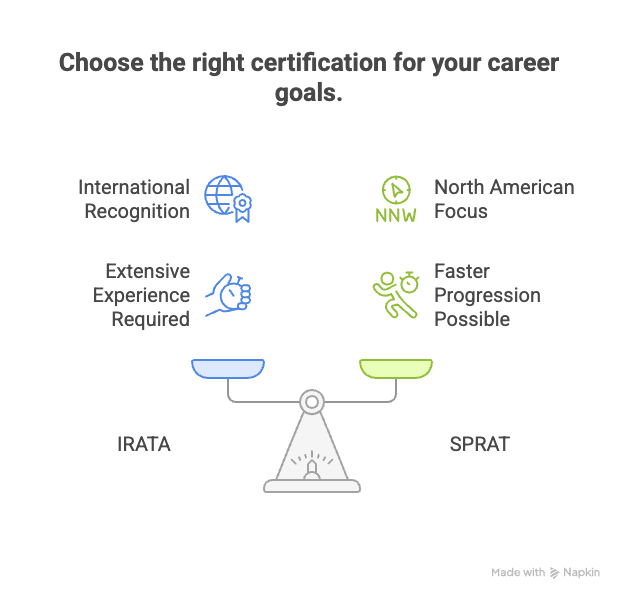Choose the right certification for your career goals - IRATA offers international recognition and extensive experience requirements, while SPRAT focuses on North American markets with faster progression possible IRATA vs SPRAT Comparison